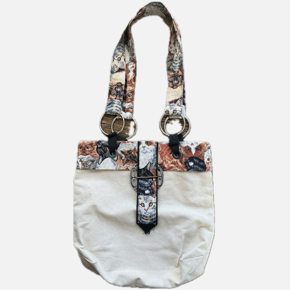 Vintage Cream Tote with Multicolor Cat-Print Accent